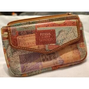 Fossil Mini Leather Wallet Coin Purse Vintage Retired European Map Travel Stamp